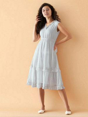 AASK Women Fit and Flare White Midi/Calf Length Dress