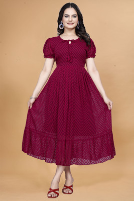 HouseOfCommon Women Fit and Flare Maroon Midi/Calf Length Dress