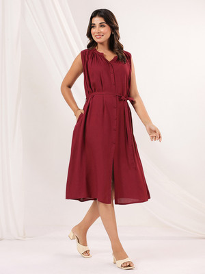 Janasya Women A-line Maroon Knee Length Dress