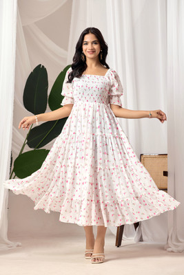 DreamVilla Women Fit and Flare White Maxi/Full Length Dress