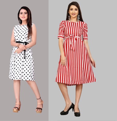 maruti fab Women Fit and Flare White, Red Dress