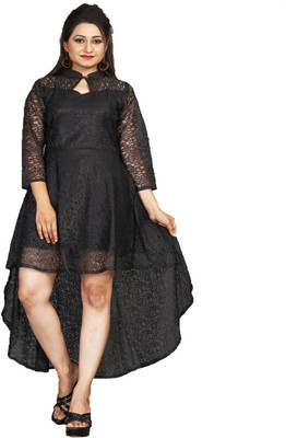 HIALTO Women High Low Black Above Knee/Mid Thigh Length Dress