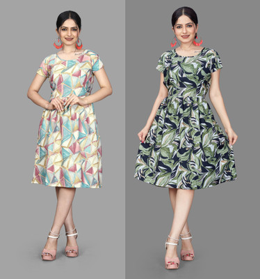 MAHADEV Women Fit and Flare Multicolor Knee Length Dress