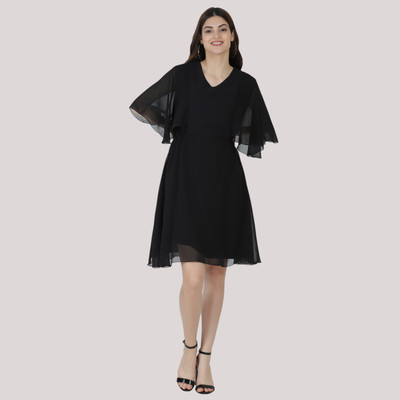 MUZUN Women A-line Black Knee Length Dress