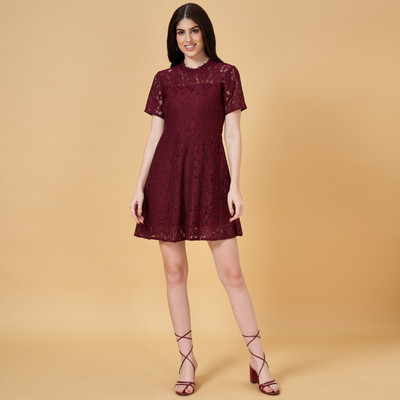 PEOPLE Women Fit and Flare Maroon Knee Length Dress