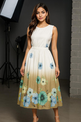 Bollyqueen Women A-line White Midi/Calf Length Dress