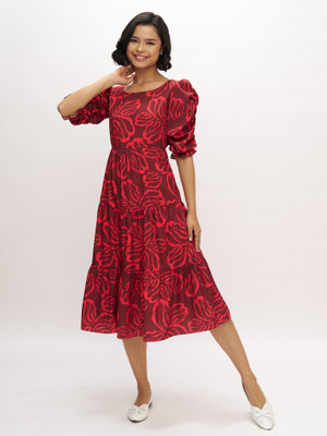 Dressberry Women Fit and Flare Red Below Knee Dress