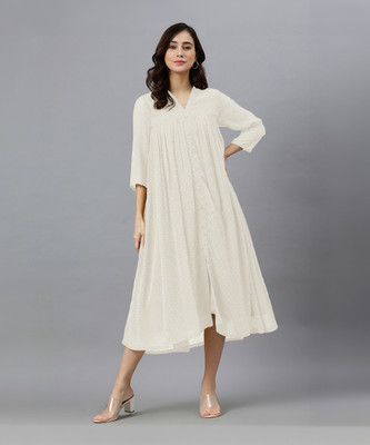 Janasya Women A-line White Midi/Calf Length Dress