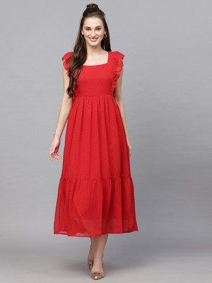 AAYU Women Fit and Flare Red Midi/Calf Length Dress