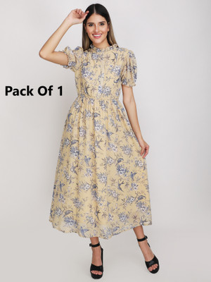 Jakanary Women A-line Beige, Blue Maxi/Full Length Dress