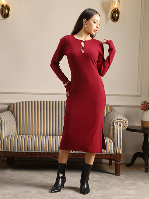 Globus Women Bodycon Maroon Midi/Calf Length Dress