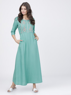 Vishudh Women A-line Green Maxi/Full Length Dress