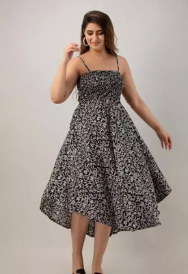 METRONAUT Women Fit and Flare Black, White Ankle Length Dress
