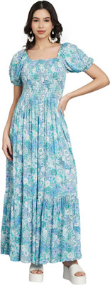 Veldress Women A-line Blue, Light Blue, White Maxi/Full Length Dress