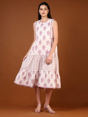 V-MART Women A-line White Below Knee Dress