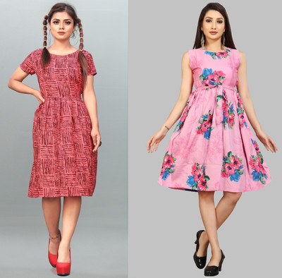 Modli 20 Fashion Women Fit and Flare Red Knee Length Dress