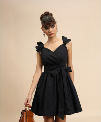 Tokyo Talkies Women Ruffled Black Above Knee/Mid Thigh Length Dress