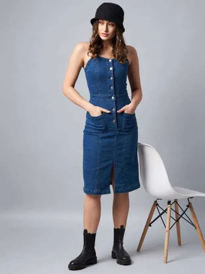 urban cat Women A-line Blue Midi/Calf Length Dress