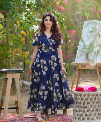 Fashion2wear Women Fit and Flare Dark Blue, Brown, White Maxi/Full Length Dress