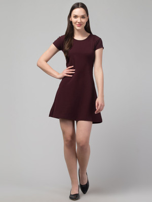 HouseOfCommon Women A-line Maroon Above Knee/Mid Thigh Length Dress