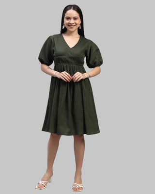 ROSEMELON Women Fit and Flare Dark Green Knee Length Dress