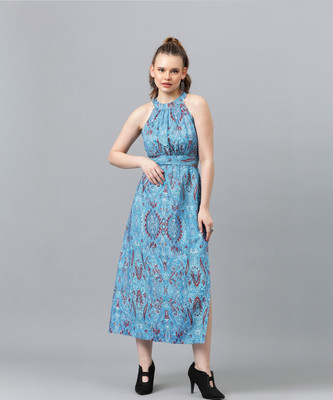 OOTD by Kotty Women Fit and Flare Light Blue, White, Red Maxi/Full Length Dress