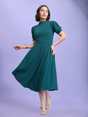 PURVAJA Women Asymmetric Green Knee Length Dress