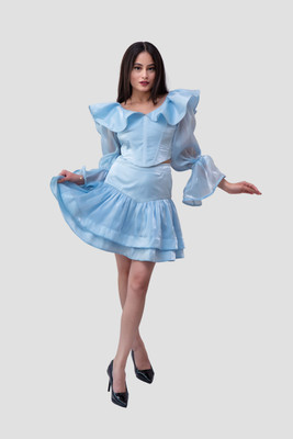 mehkhushh Women Fit and Flare Light Blue Above Knee/Mid Thigh Length Dress