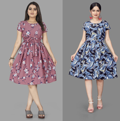 HouseOfCommon Women Fit and Flare Multicolor Knee Length Dress