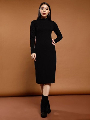 DESIGN PLUS FASHION Women Bodycon Black Below Knee Dress