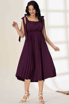 Glomee Women Pleated Purple Midi/Calf Length Dress