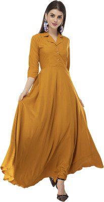 Rudraaksha Women Maxi Yellow Full Length Dress With Mask