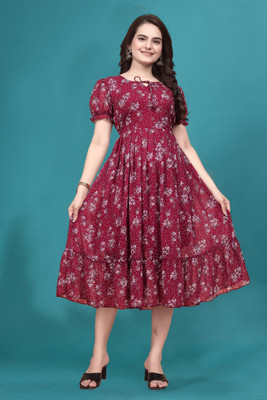 HouseOfCommon Women Fit and Flare Multicolor, Maroon Midi/Calf Length Dress