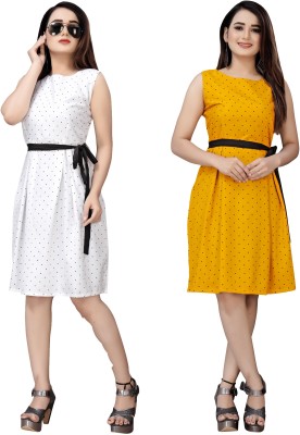 Modli 20 Fashion Women Fit and Flare Yellow, White Dress