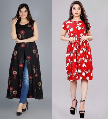 tanvi creation Women A-line Red Midi/Calf Length Dress