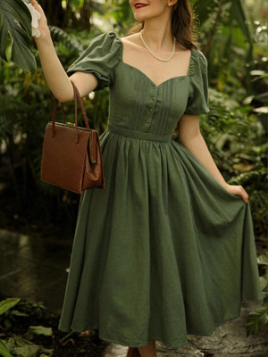 OUTZIDR Women Fit and Flare Green Below Knee Dress