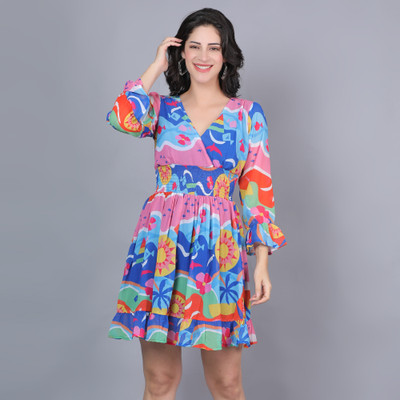 ROSEMELON Women Fit and Flare Blue Above Knee/Mid Thigh Length Dress