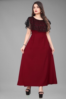 ZOPDI Women Fit and Flare Maroon Dress