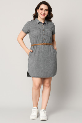 NUEVOSDAMAS Women Shirt Grey Above Knee/Mid Thigh Length Dress
