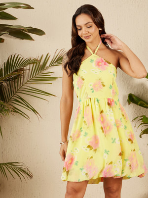 RARE Women A-line Yellow Above Knee/Mid Thigh Length Dress