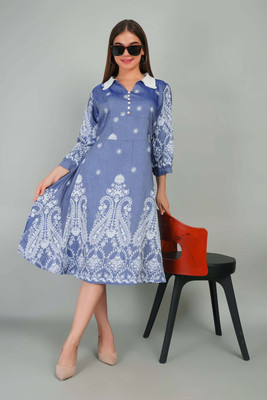 Gul West Women Fit and Flare Blue Knee Length Dress