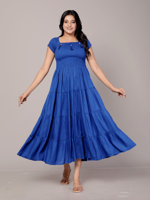 PRANJAL ENTERPRISES Women Fit and Flare Dark Blue Maxi/Full Length Dress