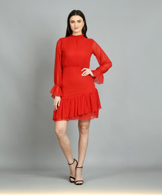 AAYU Women Skater Red Above Knee/Mid Thigh Length Dress