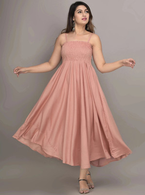 VYMO Women Fit and Flare Orange Maxi/Full Length Dress