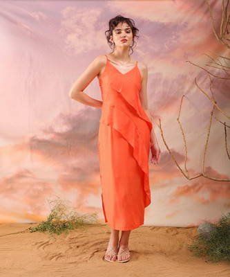 The Indian Garage Co. -Freehand Women A-line Orange Maxi/Full Length Dress