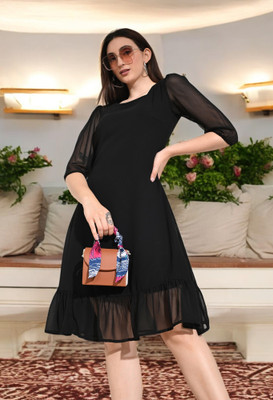 HouseOfCommon Women Fit and Flare Black Midi/Calf Length Dress