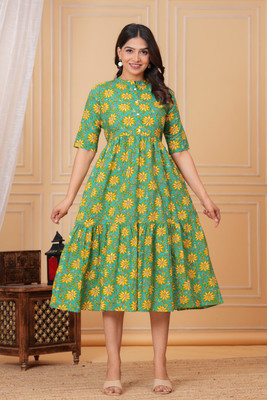 YOGUN Women A-line Brown Midi/Calf Length Dress