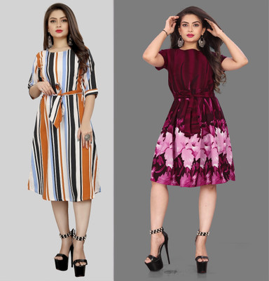 tanvi creation Women Fit and Flare Multicolor Midi/Calf Length Dress