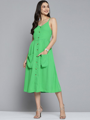 DENNISON Women A-line Green Midi/Calf Length Dress