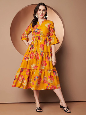 ZWERLON Women A-line Multicolor Midi/Calf Length Dress